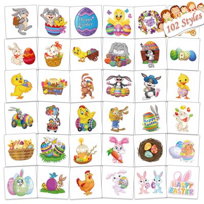 102 PCS Individually Wrapped Easter Temporary Tattoo for kids - Easter egg and Rabbit Chick Temporary for Girls Boy Body Arm Shoulder Cute Tattoos Stickers Easter Decorations Party Supplies
