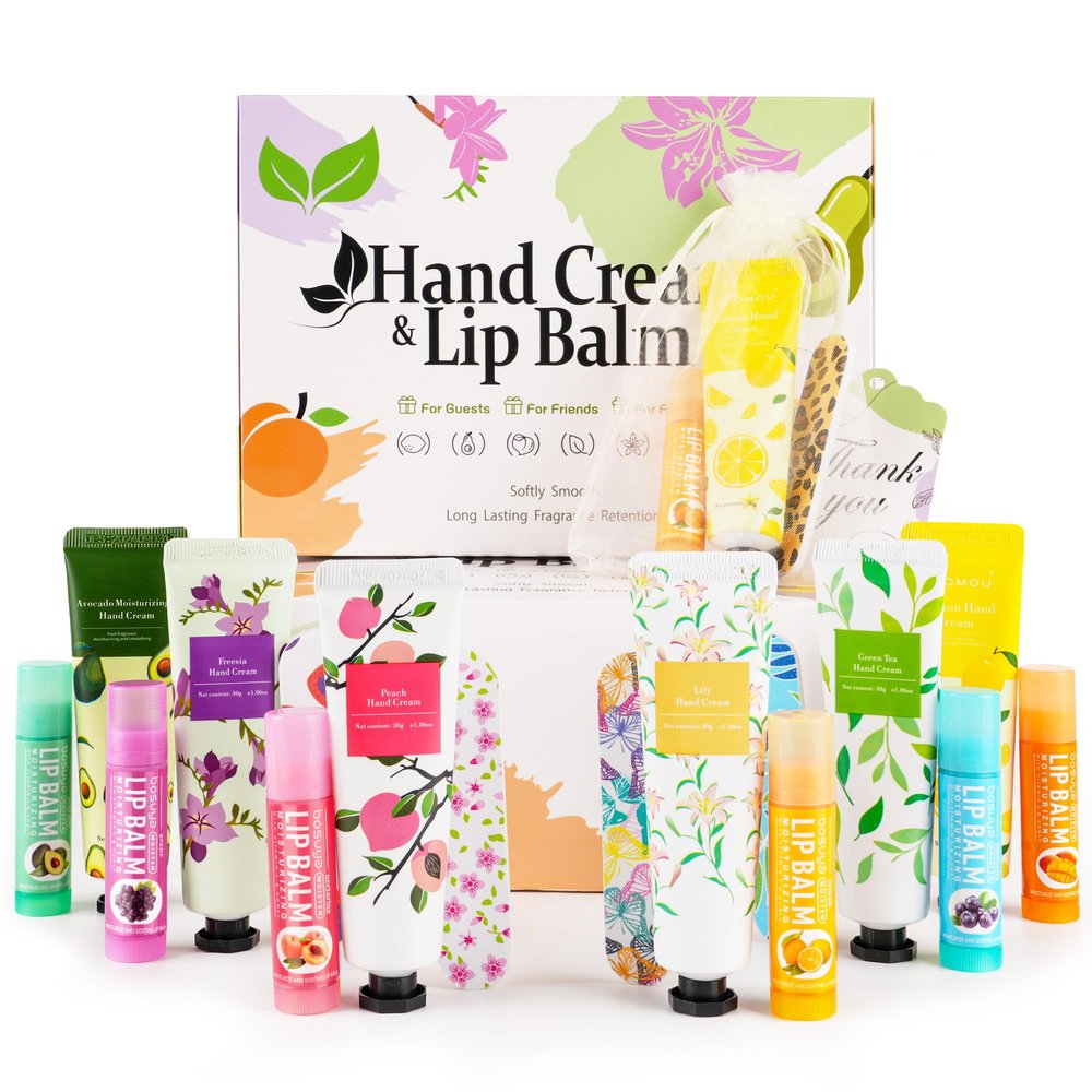 CUDICY Hand Cream and Lip Balm Bulk 24 Gift Sets Party Favors for Baby Shower Bridal Shower Wedding for Guests Prizes Women Adults Bachelorette Travel With Nail Files Thank You Cards Organza Bags