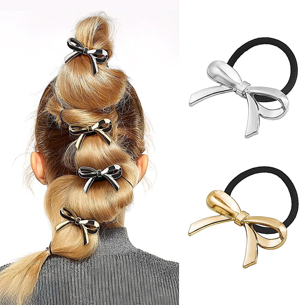 2 Pcs Hair Ties for Women Bowknot Ponytails Holder Elastic Rubber Hair Scrunchies Invisible Metal Hair Ties Elegant Hair Accessories Gold Silver Braid Curler Headpiece for Girl Thick Curl Hair Styling