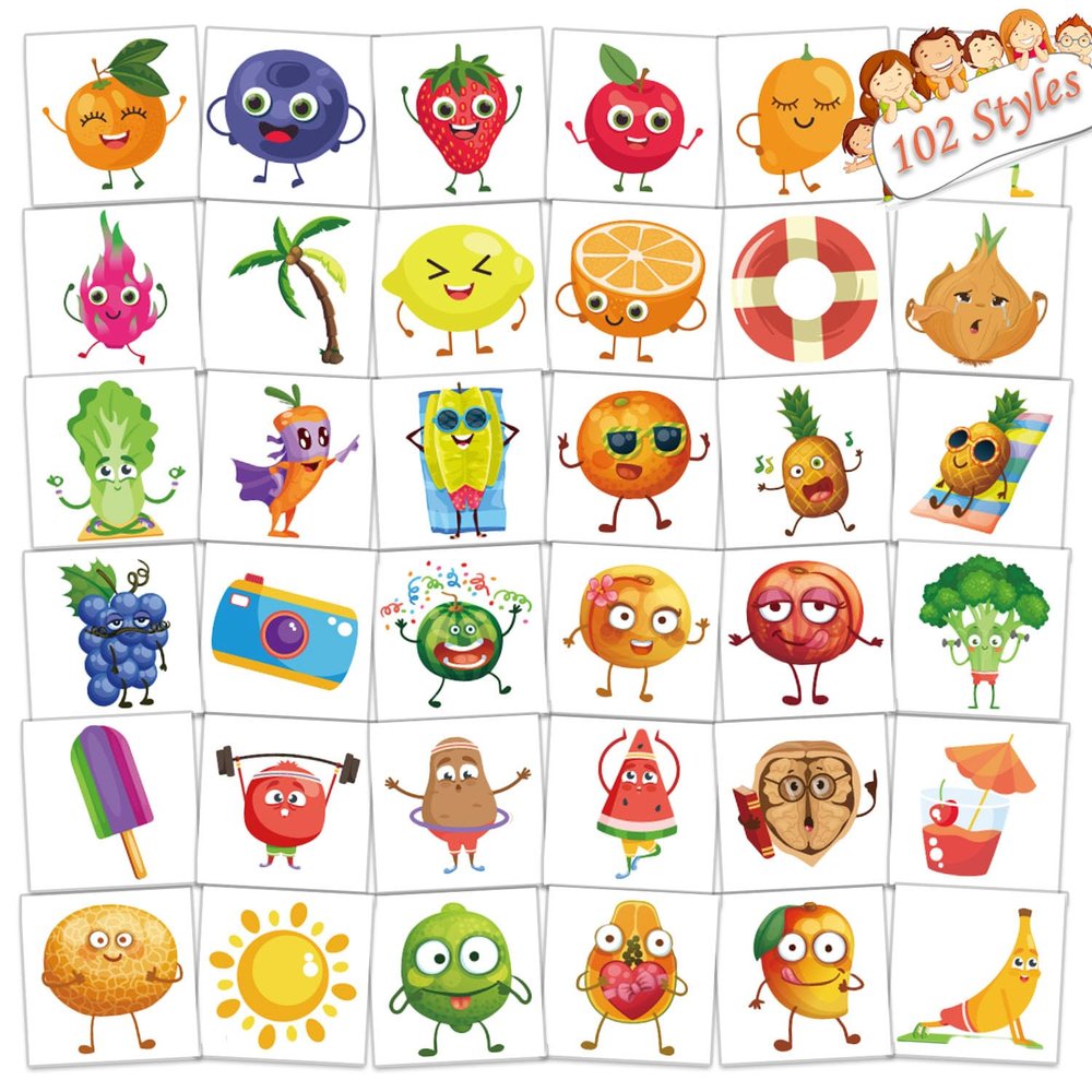102 PCS Individually Wrapped Summer Fruit Temporary Tattoo for kids - Hawaiian Themed Temporary for Girls Boy Body Arm Shoulder Cute Tattoos Stickers Summer Beach Pool Party Gift