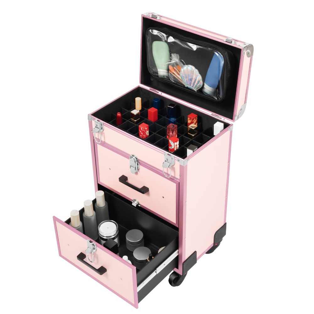 BGYUHWQ Professional Rolling Makeup Train Case with Drawers, Large Cosmetic Trolley with Locks, Cosmetics Storage Organizer for Travel Makeup/Nail Art/Hair Styling (Pink)
