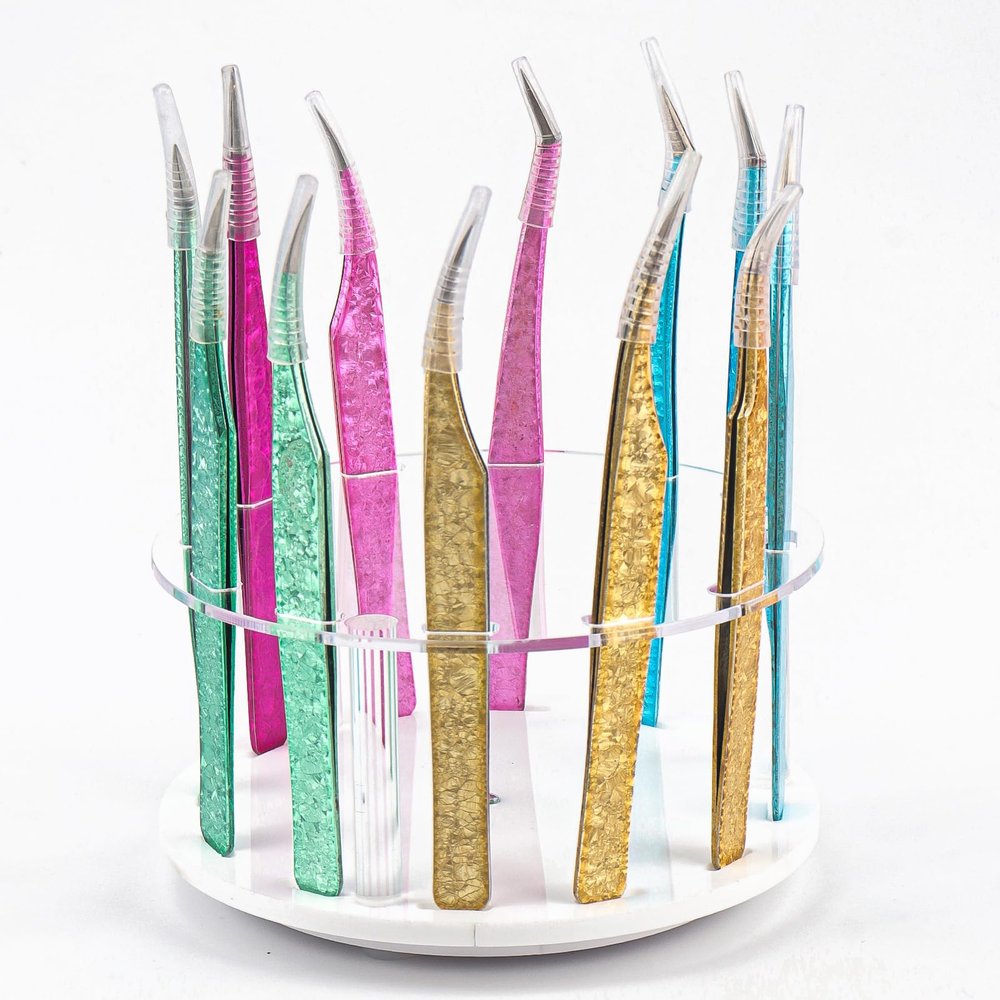 12 Holes Acrylic Rotatable Tweezers Holder Eyelash Makeup Grafting Tweezer Display Stand Extensions Organizer (White)