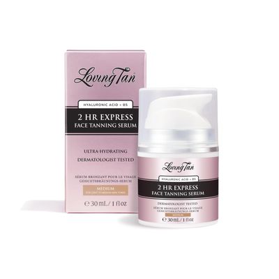Loving Tan NEW 2 Hr Express Face Tanning Serum, Medium - Hydrating, Natural-Looking Glow Sunless Self Tanner, Dermatologist Tested, Lightweight, Naturally Derived DHA, Vegan & Cruelty-Free - 1 fl oz