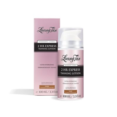Loving Tan NEW 2 Hr Express Self Tanning Body Lotion, Dark - Hydrating Natural-Looking Glow Sunless Self Tanner, Streak-Free, Dermatologist Tested, Lightweight, Vegan and Cruelty-Free - 3.3 fl oz