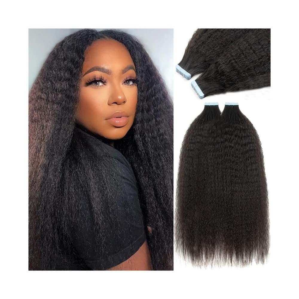 Tape in Hair Extensions Kinky Straight Tape In Extensions Real Human Hair Natural Black 14"-26" 20Pcs Strong Seamless Skin Weft Tape in Human Hair Extensions for Black Women Tape in Extensions(22 inch