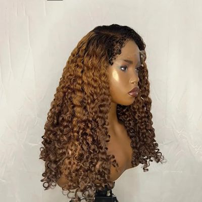 13x4 lace Short Bob Water Deep Wave Medium Auburn Dark Reddish Brown #T1B/30/4 Color With Curly Baby Hair HD Transparent Lace Front Wig 150% Density Glueless Wig Real Human Hair Brazilian remy hair
