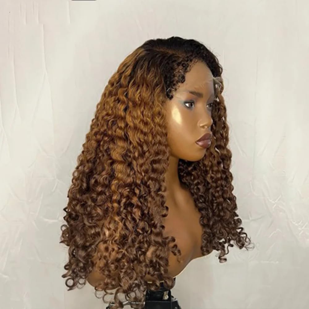 13x4 lace Short Bob Water Deep Wave Medium Auburn Dark Reddish Brown #T1B/30/4 Color With Curly Baby Hair HD Transparent Lace Front Wig 150% Density Glueless Wig Real Human Hair Brazilian remy hair