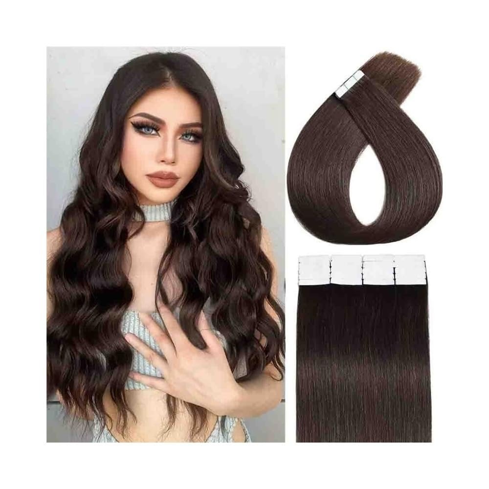 Tape in Hair Extensions Tape in Hair Extensions 20Pcs 50g Seamless Skin Weft Tape in Human Hair Extensions #2 Dark Brown Silky Straight Remy Hair Tape in Extensions Tape in Extensions(18 inches)