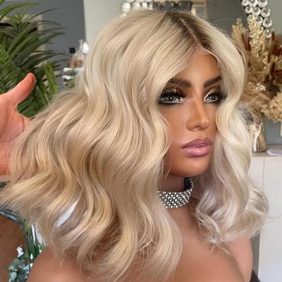 Anisah Ash Blonde Wig Human Hair 13x4 Transparent Lace Front Wigs Human Hair Short Bob Lace Front Wigs Pre Plucked Dark Roots Blonde Human Hair Wig (13x4 lace front wig, 14 Inch)