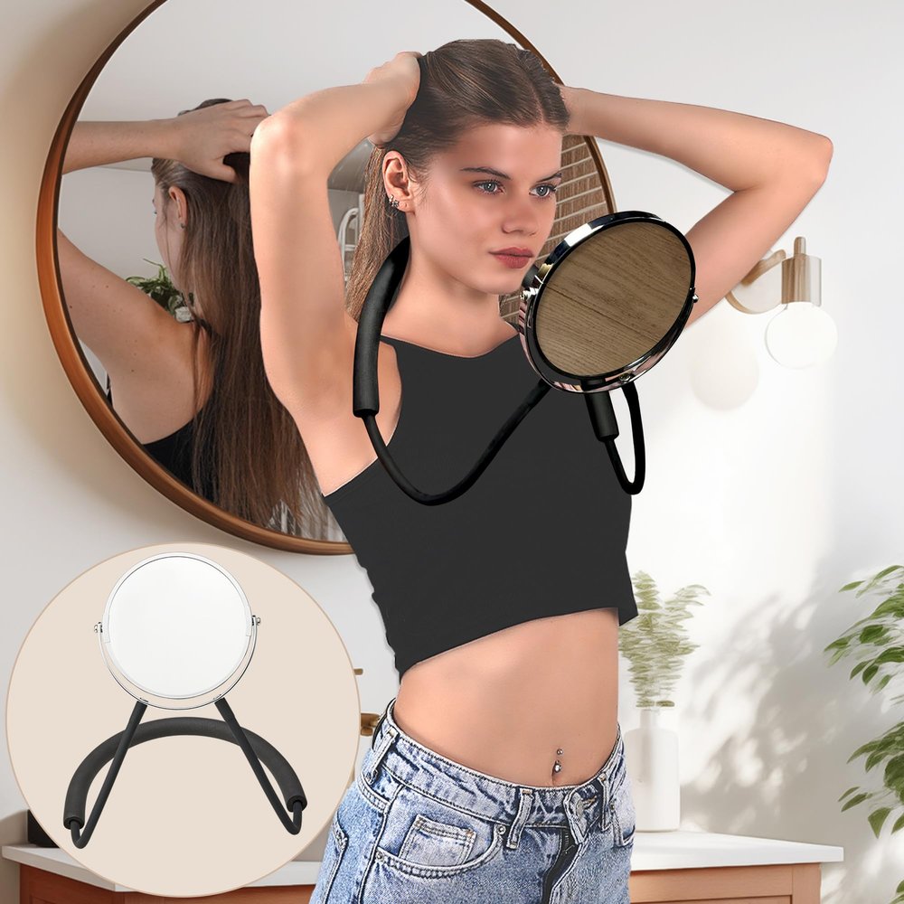 XWZMR Double Sided Mirror to See Back of Head,Big Size 360self Haircut Hands Free Adjustable Mirror,Standard Viewing and 5X Magnification for Women Man,Arm Flexible to Around The Neck