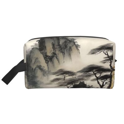 LHBWCVN Travel Toiletry Bag for Women Men Leather Makeup Bag Large Portable Travel Organizer Chinese Landscape Painting Cosmetic Bag with Hanging Hook Travel Bathroom Bag Zipper Pouch Purse