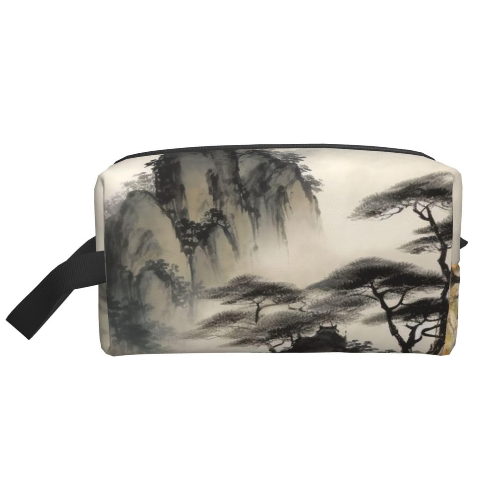 LHBWCVN Travel Toiletry Bag for Women Men Leather Makeup Bag Large Portable Travel Organizer Chinese Landscape Painting Cosmetic Bag with Hanging Hook Travel Bathroom Bag Zipper Pouch Purse