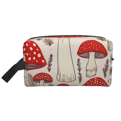 LHBWCVN Travel Toiletry Bag for Women Men Leather Makeup Bag Large Portable Travel Organizer Red White Mushroom Cosmetic Bag with Hanging Hook Travel Bathroom Bag Zipper Pouch Purse