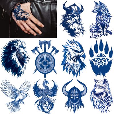 10 Sheets Viking Temporary Tattoos for Men and Women, Waterproof & Long-Lasting Temp Celtic Fake Tattoo Stickers for Adults, Tattoo Wolf Hawk Lion Dark Blue Parties Festivals Styling Accessories