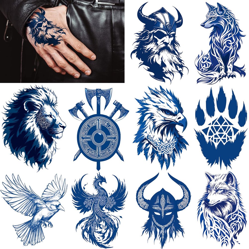 10 Sheets Viking Temporary Tattoos for Men and Women, Waterproof & Long-Lasting Temp Celtic Fake Tattoo Stickers for Adults, Tattoo Wolf Hawk Lion Dark Blue Parties Festivals Styling Accessories