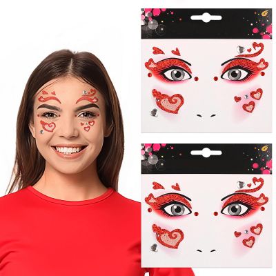 2 Pcs Valentines Face Tattoos Sticker Red Heart Face Gems Sticker Sparkling Face Jewels Stick On
