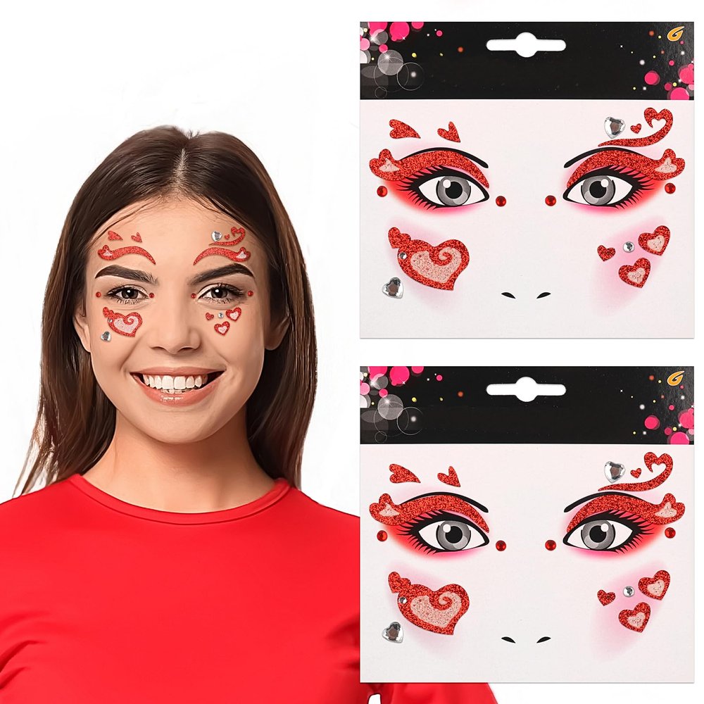 2 Pcs Valentines Face Tattoos Sticker Red Heart Face Gems Sticker Sparkling Face Jewels Stick On