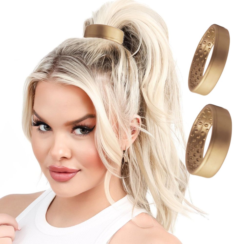 2-pc Designer PONY-O - 1 Narrow & 1 Wide Bendable Printed Hair Tie | No Damage Ponytail Holder (Gold Metallic, Large)
