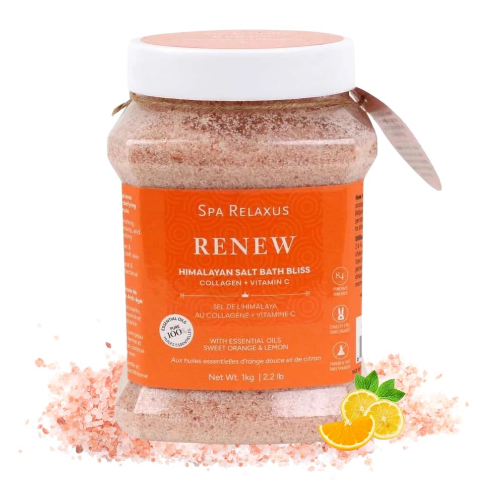 Spa Relaxus Himalayan Luxury Bath Salt Bliss with Collagen and Vitamin C, Infused with Pure Essential Oils 2.2 lb Jar with Spoon (Renew Orange Lemon)