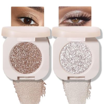 2Pcs Glitter Shimmer Sparkle Eyeshadow Palette Makeup For Older Women, Light Brown & Silver Glitter Shimmer Metallic Holographic Multichrome Cream Iridescent Single Monochrome Eye Shadow Makeup