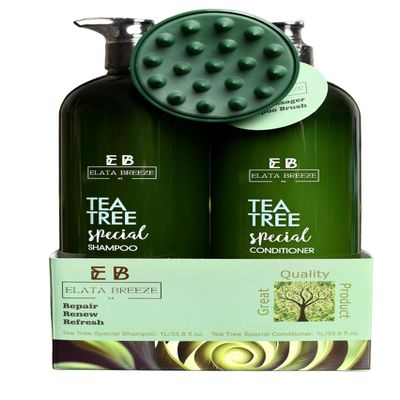 Peppermint Tea Tree Special Shampoo and Conditioner Set (33.8 0z)- Elata de Breeze with Scalp Massager Brush | Soothes Itchy Scalp, Deep Cleans & Hydrates For All Hair Types 33.8 oz each