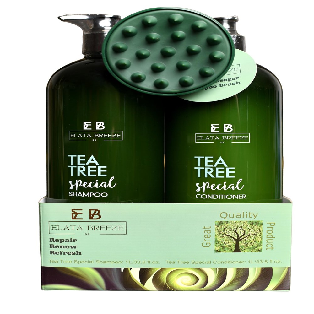 Peppermint Tea Tree Special Shampoo and Conditioner Set (33.8 0z)- Elata de Breeze with Scalp Massager Brush | Soothes Itchy Scalp, Deep Cleans & Hydrates For All Hair Types 33.8 oz each