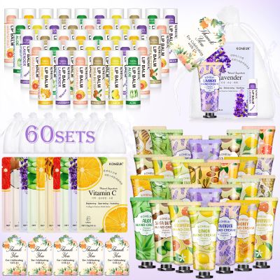 60 Pack Bulk Lip Balm, Facial Mask and Hand Cream Sets, Stocking Stuffers for Women, Christmas Gifts and Bridesmaid Gifts for Guests, Birthday Gifts, Adult Party Favors and Small Gifts for Women