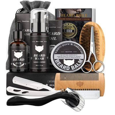 Beard Kit for Men with Beard Wash Set, Including Beard Wash, Beard Essence, Beard Balm, Brush, Comb, Scissors, Razor, Razor Blade, Storage Bag, Gift for Men, Dad, Husband, Boyfriend