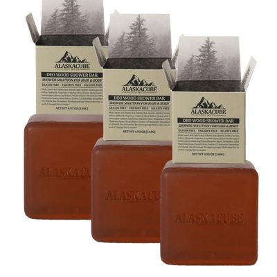 Alaskacube Deo Wood Shower Bath Soap Bar Luxurious Sandalwood Woody Long Lasting Scent Rich Foam for Face and Body (Pack of 3)|Body Wash, Shampoo, Deodorant for men women Bundle Value Set (Sandalwood)