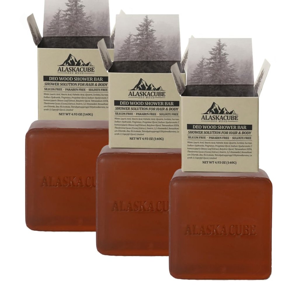 Alaskacube Deo Wood Shower Bath Soap Bar Luxurious Sandalwood Woody Long Lasting Scent Rich Foam for Face and Body (Pack of 3)|Body Wash, Shampoo, Deodorant for men women Bundle Value Set (Sandalwood)