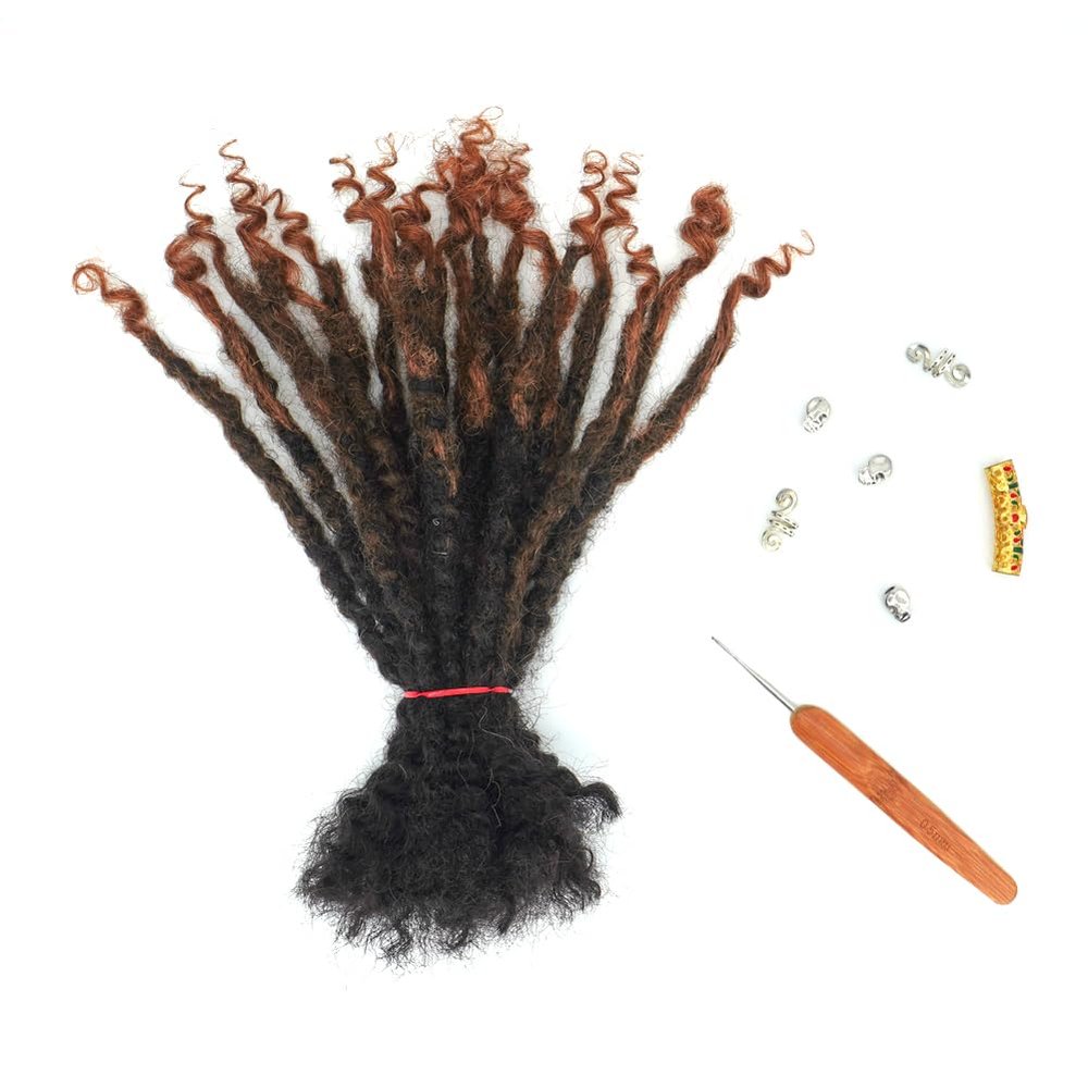 Textured Locs Extension With Curly Ends 100% Permanent Human Hair Dreadlock Extensions 0.6cm Width Can Be Dyed Bleached Full Handmade Loc Extension for Men Women (1B/4/30#, 8 Inch/20 strands)