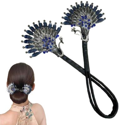 Peacock Display Angel Wings Elegant Hair Bun Maker, Rhinestone Peacock Hair Bun Maker with Elegant Twist, Elegant Twist Hairpin for Long Thick Hair