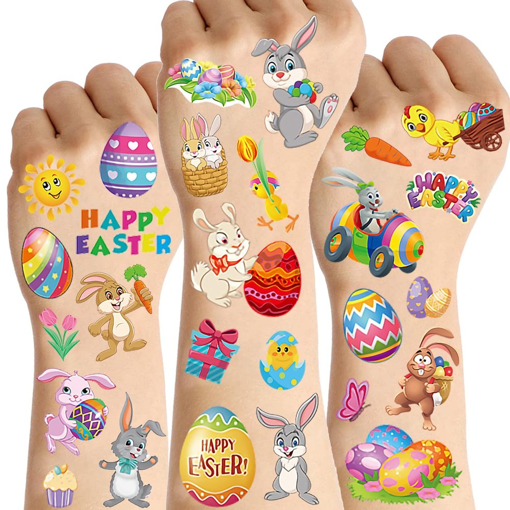 10 Sheets Happy Easter Tattoos For Kids Boys Girls Temporary Tattoos Easter Party Decoration Accessories Goodie Bag Fillers, Funny Bunny Eggs Fake Tattoo Sticker Party Favor Supplies Basket Stuffers