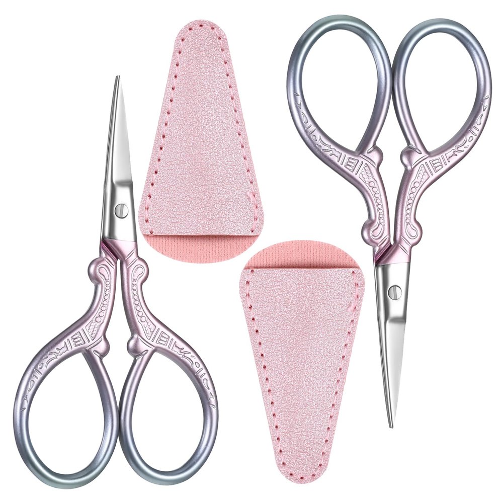 2 Pcs Eyebrow Trimmer for Women, 3.6 Inch Pink Brow Scissors Stainless Steel Small Scissors Beauty Straight Tip Facial Hair Scissor for Nose Hair, Beard, Eyebrows, Moustache, Eyelashes, Cuticle