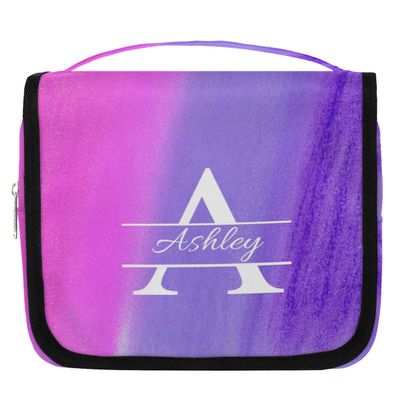 Skonsati Custom Toiletry Bag for Women Personalized Monogrammed Travel Makeup Case Hanging Cosmetic Bag Shower Bag for Travel Essentials Travel Gifts, Colorful Pink Purple
