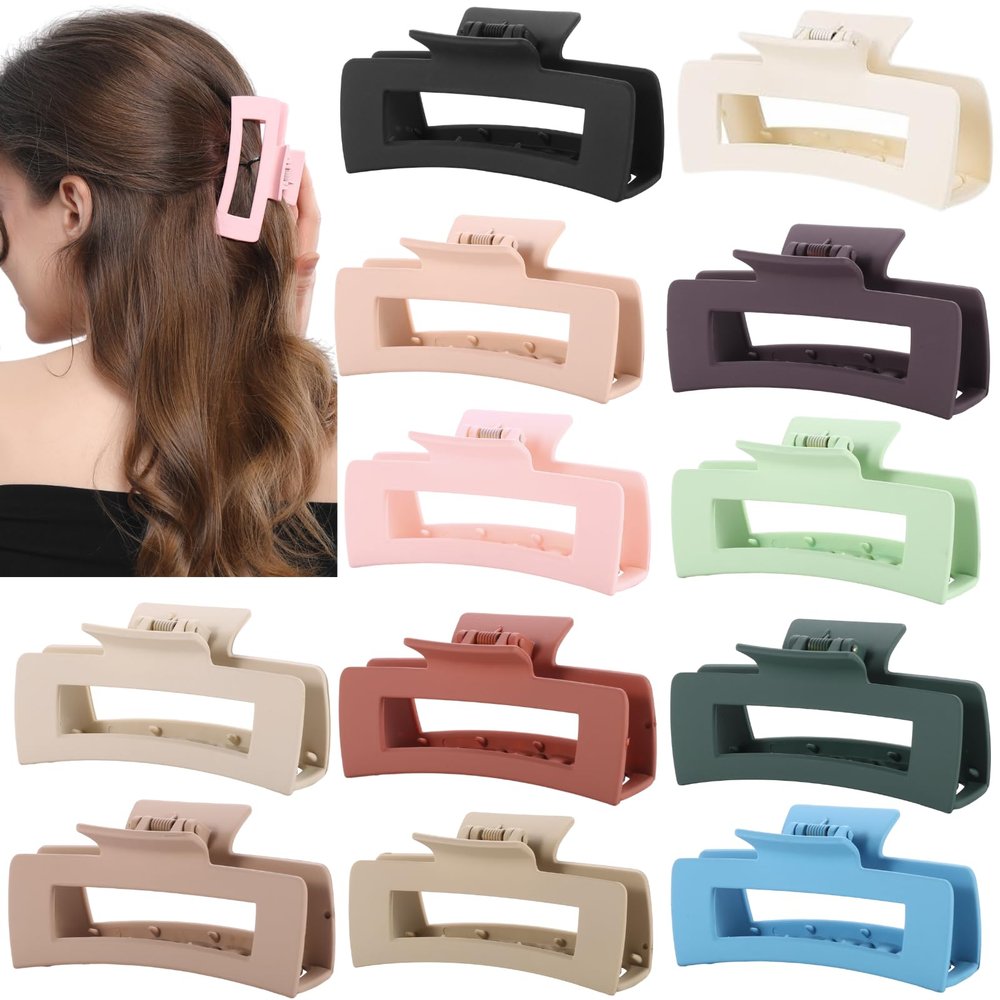 12 Pcs Neutral Square Hair Claw Clips 4.3" Matte Finish Rectangle Claws for Women Thick & Thin Hair, Everyday Bulk Hair Accessories Set