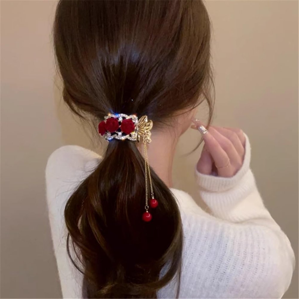 FMURY Red rose headdress high ponytail grab clip female fixed artifacts back of the fringe plate hair clip hair card