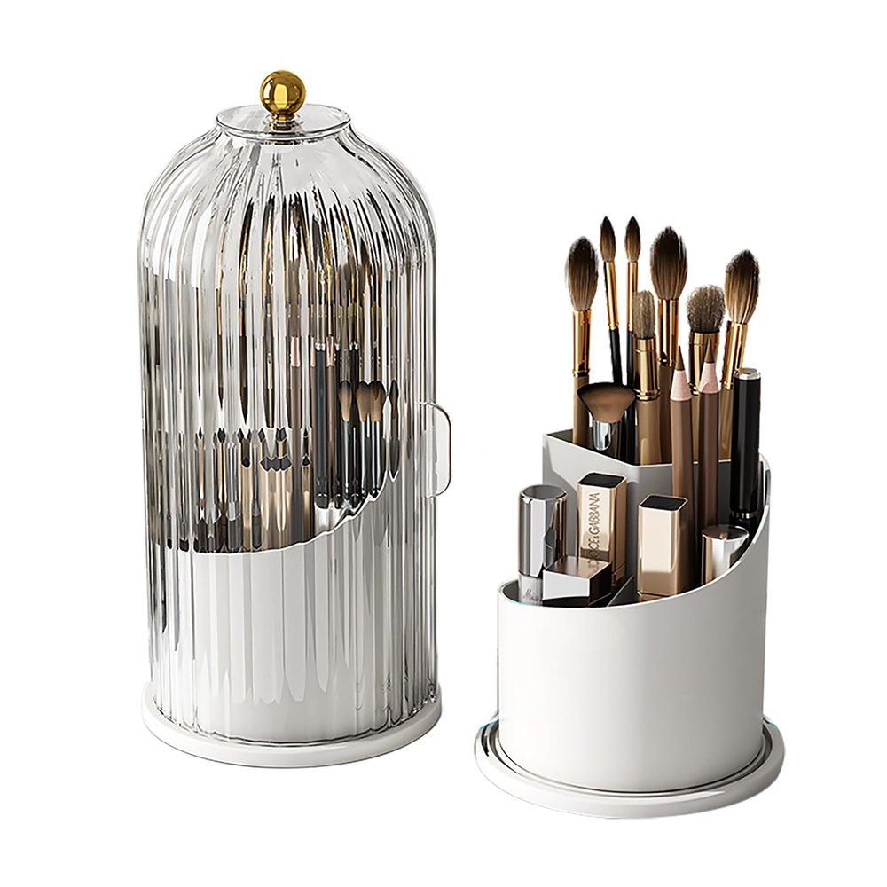360 degree Rotating Makeup Organizer makeup brush holder waterproof and dustproof makeup brush storage box multifunctional storage hidden storage dressing table desktop storage (Transparent white)
