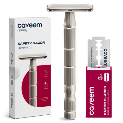 CAVEEM Double-Edge Safety Razor, Single-Blade Razors with 5 Stainless Steel Safety Razor Blades for Men and Women, Reusable Metal Razor  Silver Matt