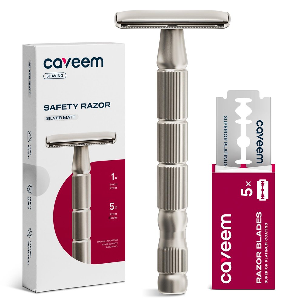 CAVEEM Double-Edge Safety Razor, Single-Blade Razors with 5 Stainless Steel Safety Razor Blades for Men and Women, Reusable Metal Razor  Silver Matt