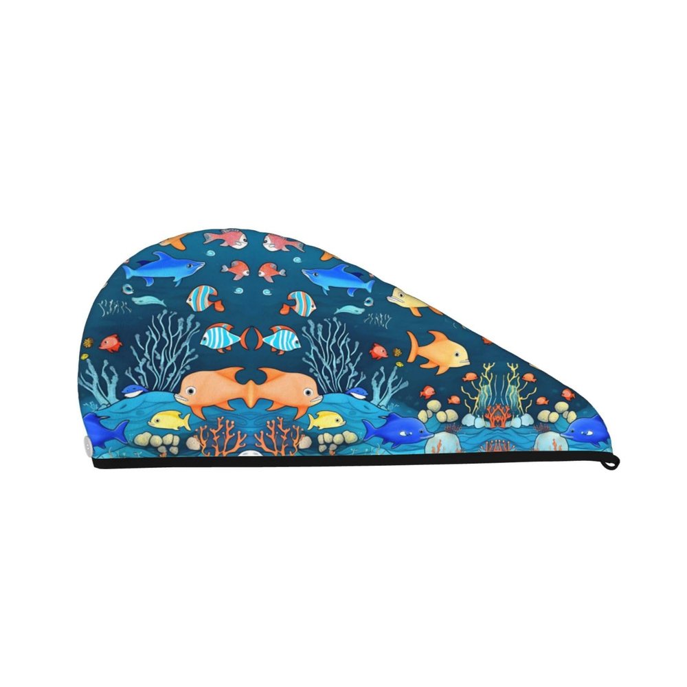 ChenGua Blue Underwater World of Fish Coral Velvet Dry Hair Cap - Super Absorbent Hair Towel Wrap Microfiber Hair Turban for Women Men
