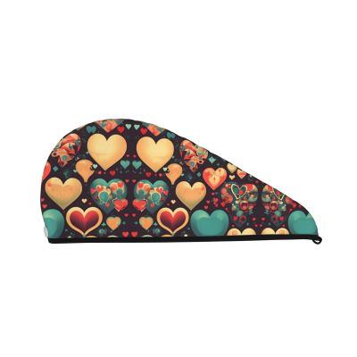 Colorful Hearts Coral Velvet Dry Hair Cap - Super Absorbent Hair Towel Wrap Microfiber Hair Turban for Women Men