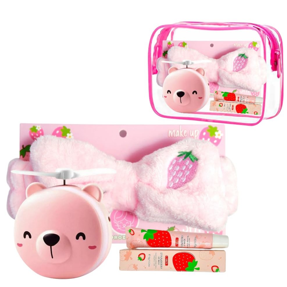 Gift Set Cosmetic Bag of 3 Berry Girl , Lip Mask Balm, Headband Strawberry Hairband, compact Mirror with Fan and Led Light, Travel Set, Valentine's Day Gift, Birthday Gifts for Friends,Teens, selfcare