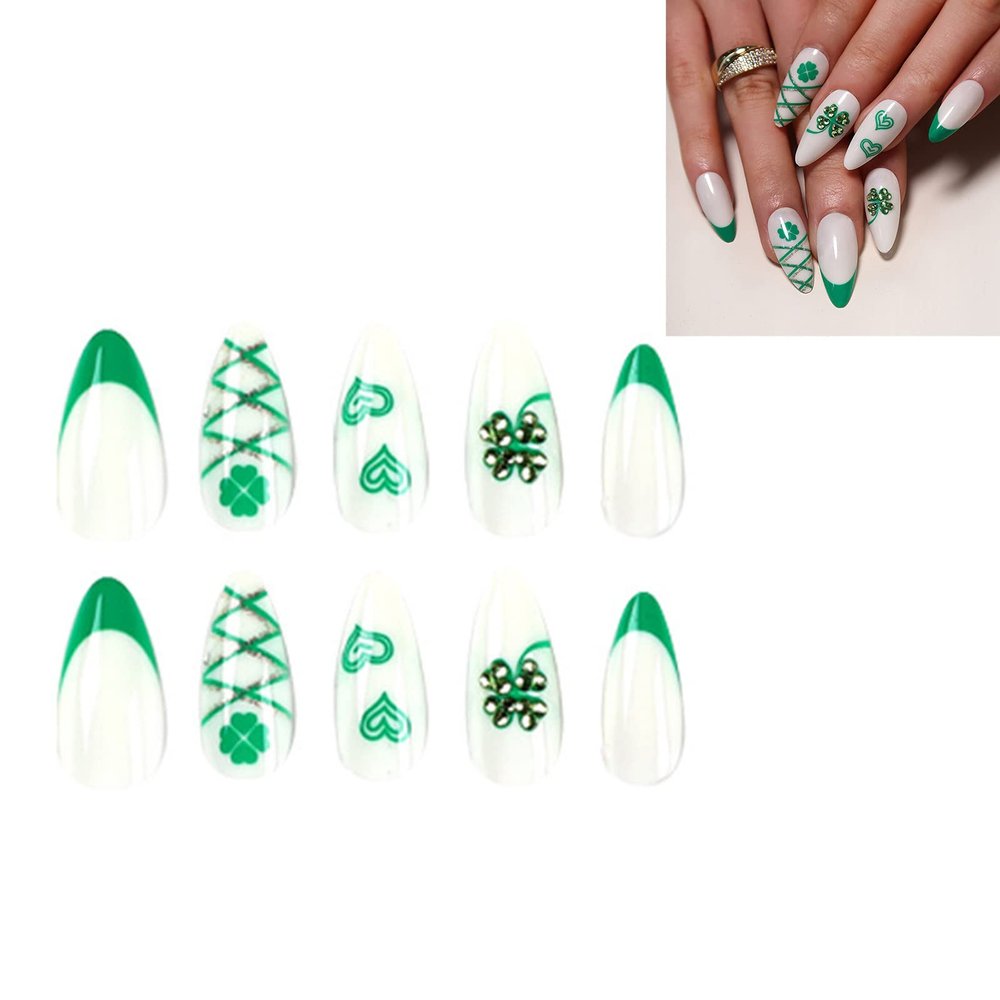 Almond Press On Tip Heart Clovers Acrylic Fake-Nail Designed Full False For Women And Girls 24PCS