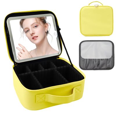 SUILU Travel Makeup Bag with LED Mirror and Light Travel Makeup Case Cosmetic Organizer Portable Cosmetic Brush Organizer Bag with Adjustable Dividers for Cosmetics Makeup Brushes Toiletry (Yellow)