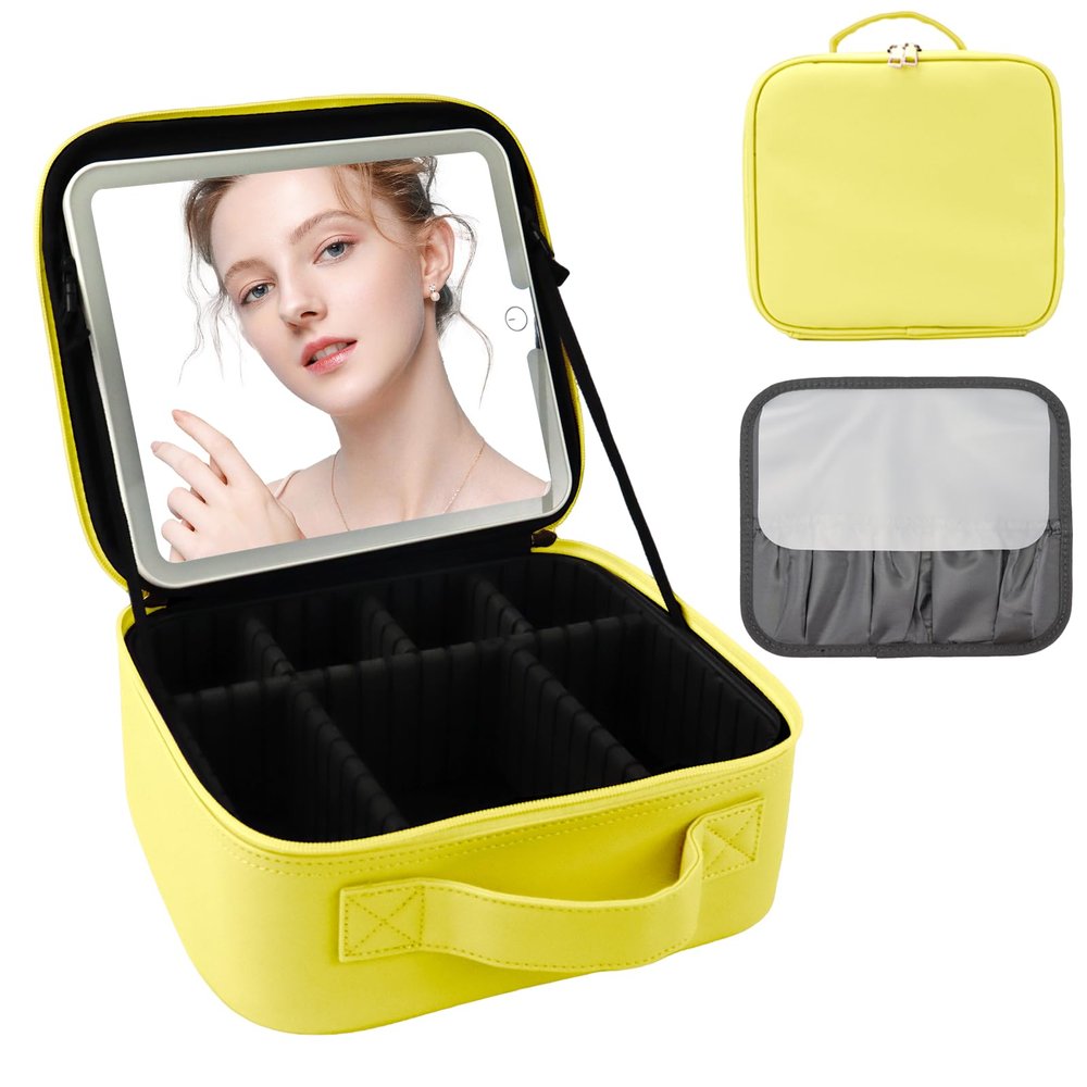 SUILU Travel Makeup Bag with LED Mirror and Light Travel Makeup Case Cosmetic Organizer Portable Cosmetic Brush Organizer Bag with Adjustable Dividers for Cosmetics Makeup Brushes Toiletry (Yellow)