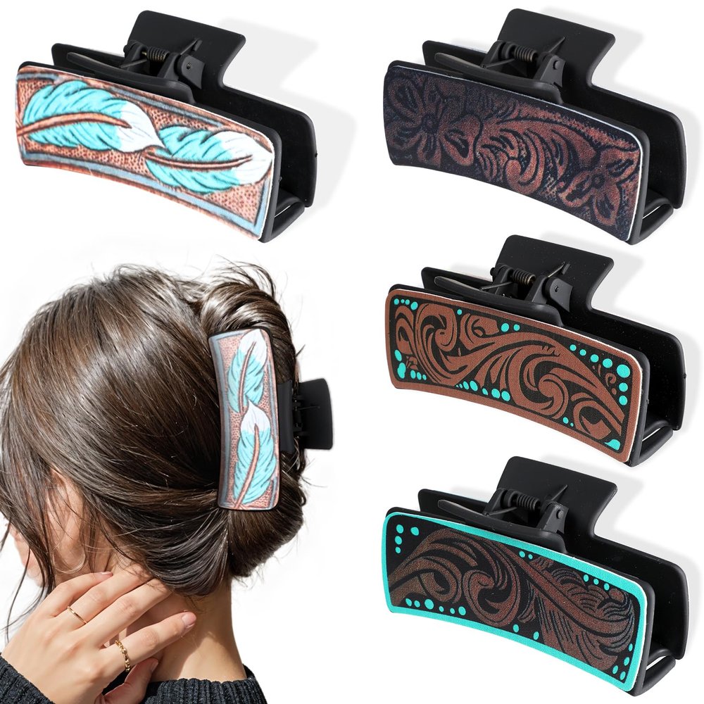 4 Pack Western Hair Clips for Women, Western Claw Clips for Country Girls Vintage Cowhide Hair Accessories Aesthetic Western Cowgirl Stuff for Women Girls Thick Hair