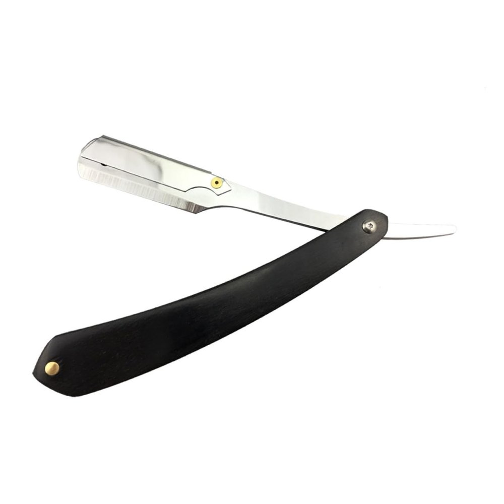 minkissy Barber Steel Razor Black Wooden Handle Manual Shaver for Men Single for Beard Sideburns Short Fine Hair for Travel Home