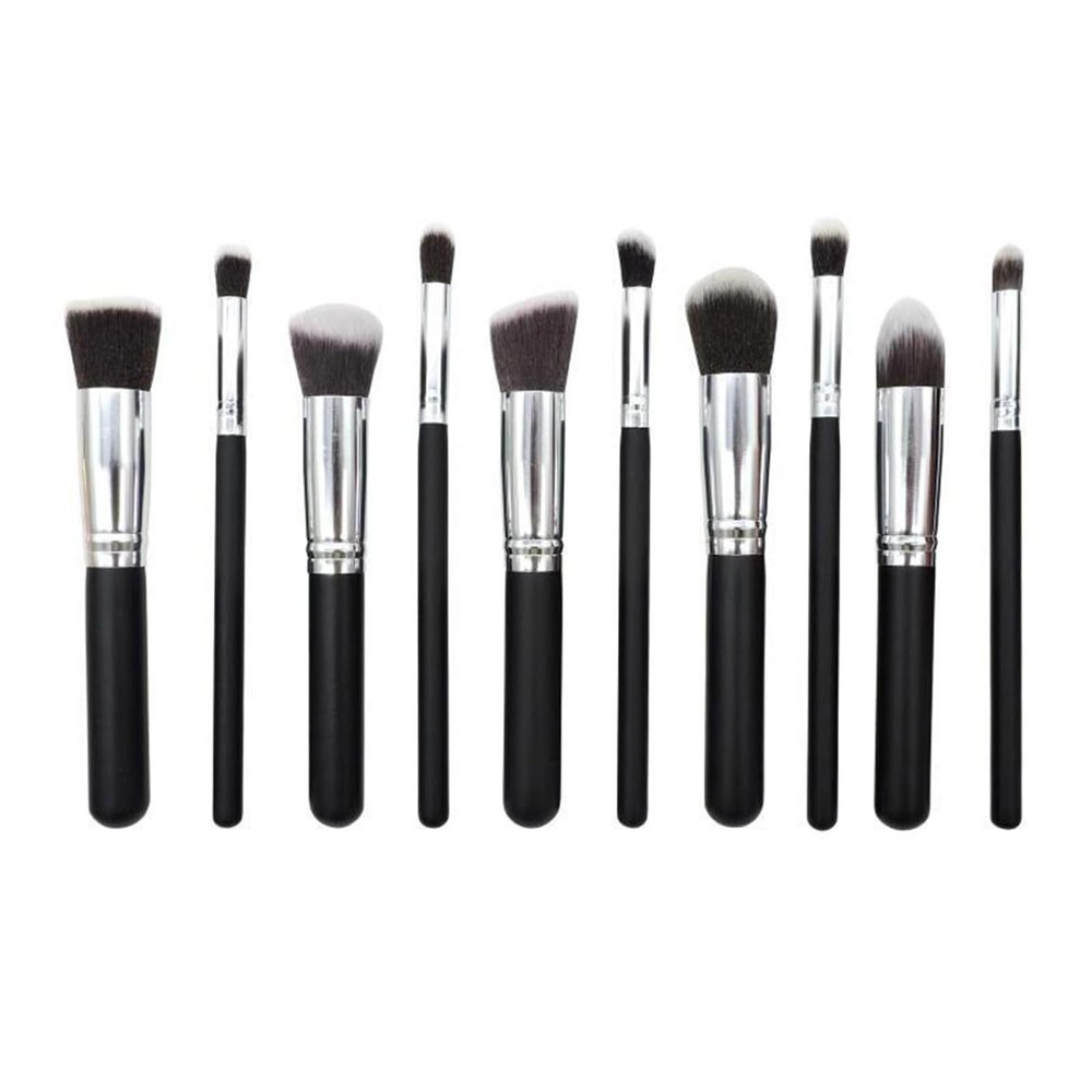 10 Makeup Brushes (5 Big 5 Small) Classic Black Gold Perfection Makeup Brushes Travel Make up Brushes Set Comfort Grip, Cruelty-Free & Vegan (Black Silver)
