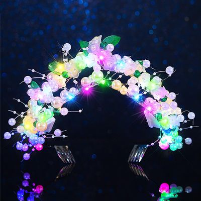 JEAIRTS Light Up Pearl Tiaras Silver Flower Crown Headband Glow Bridal Beaded Headpiece Flashing Costume Prom Hair Accessories for Women